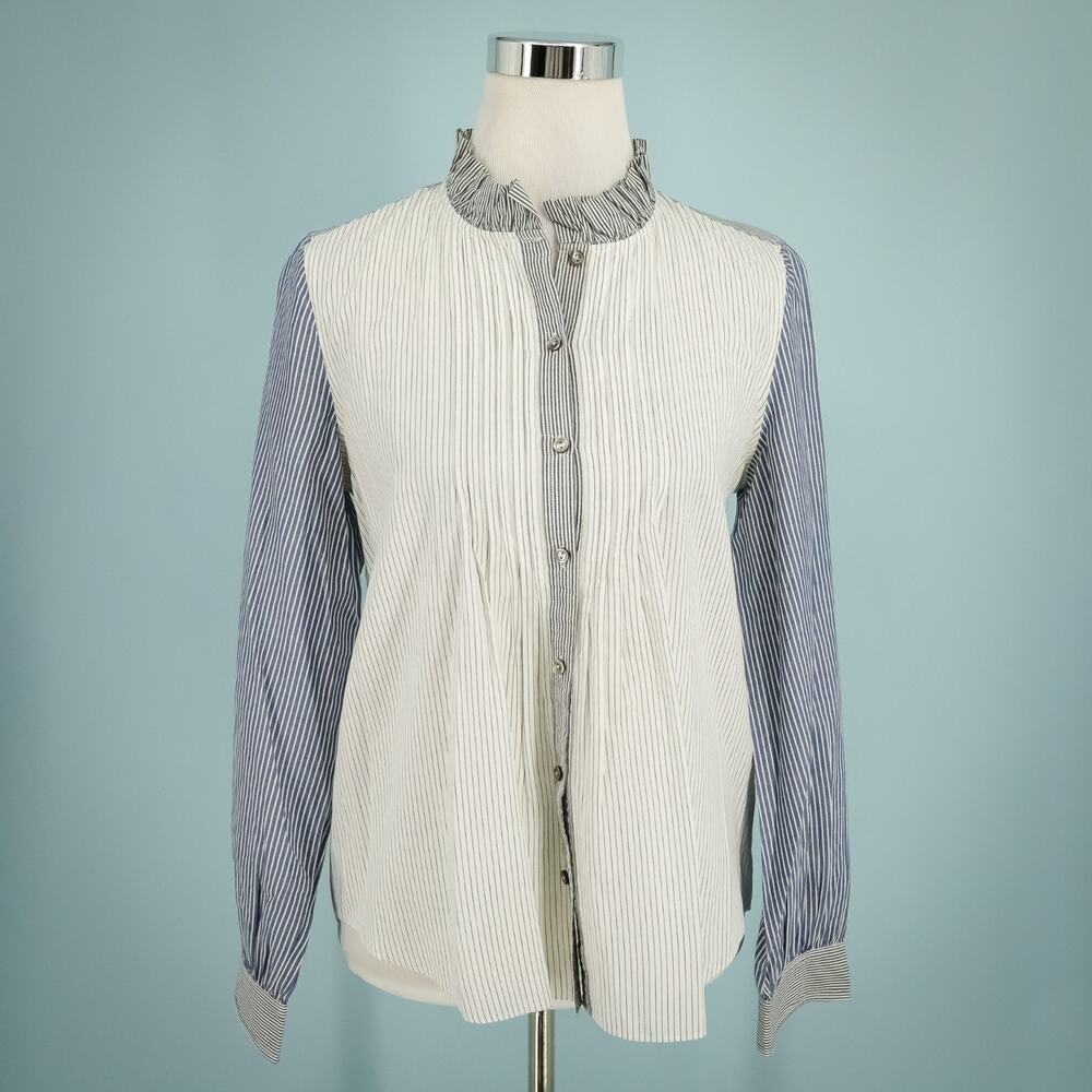 Rebecca Taylor La Vie Size Medium M Pinstripe Ruffle Button Cotton Top Blouse